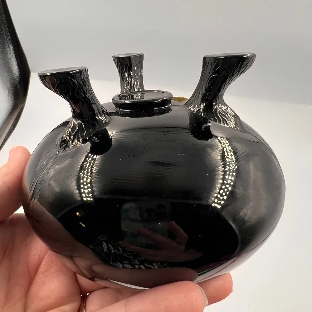 Vintage Black Glass Three Leg Footed Bowl Planter Centerpiece Mid Century Decor